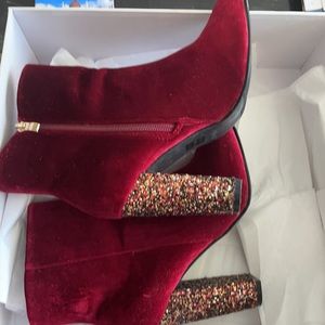 Neiman Marcus Red Velvet Glitter Heel Boot